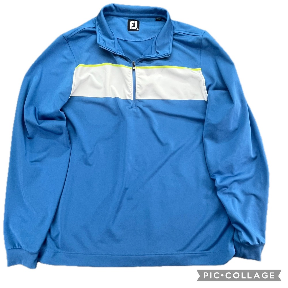 FootJoy FJ Mens Golf Pullover Blue White Yellow Stripe 1/4 Zip Long Sleeve L